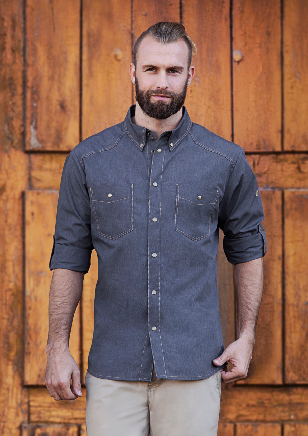 Herren Kochhemd Jeans-Stil Button-Down Langarm